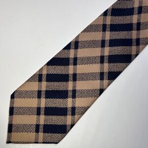 Loewe Madrid 1846 Mens Silk Tie Navy Tan Herringbone Plaid Geometric Pattern Vtg